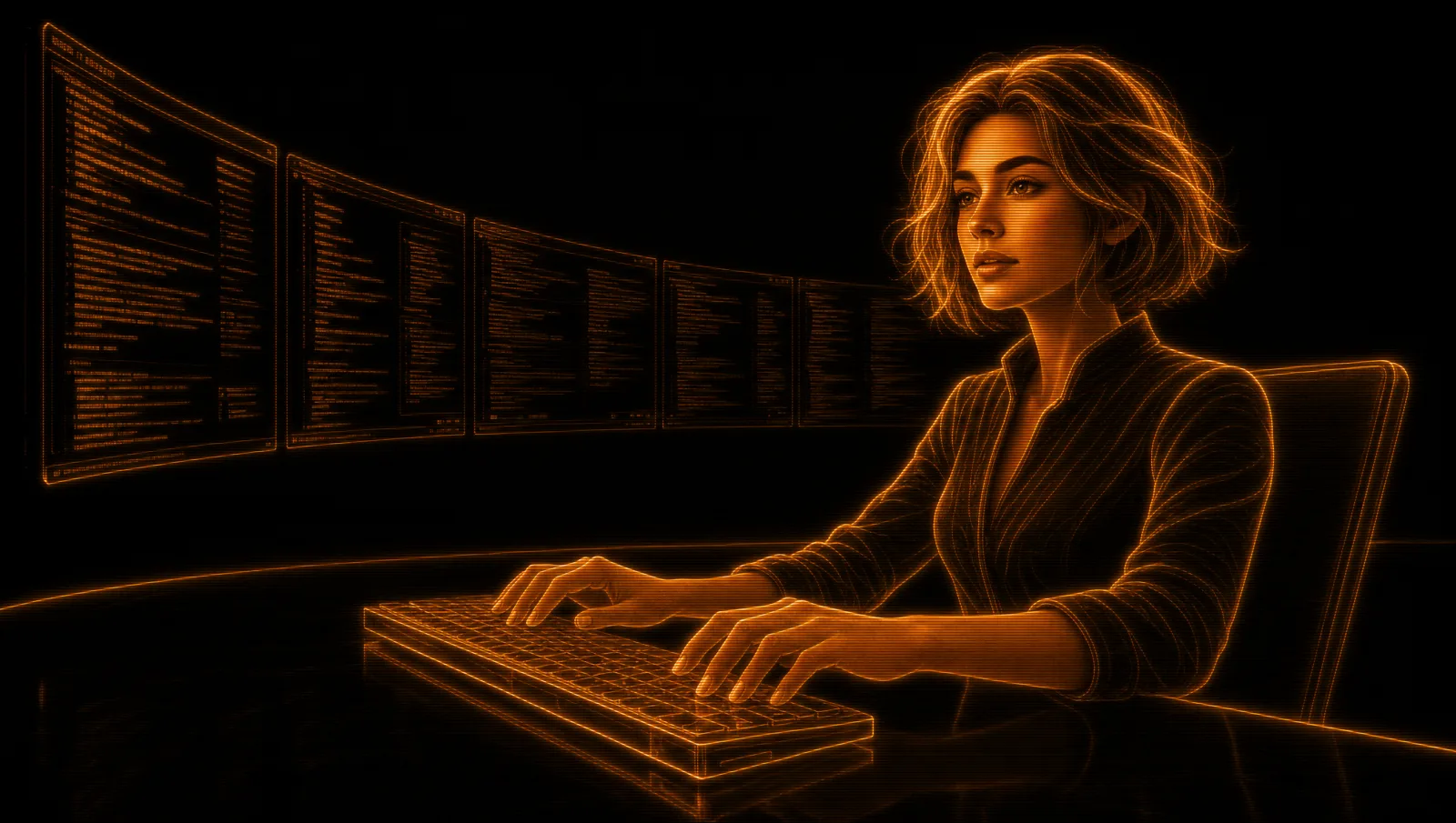 Lux sorting a desk of floating amber panels