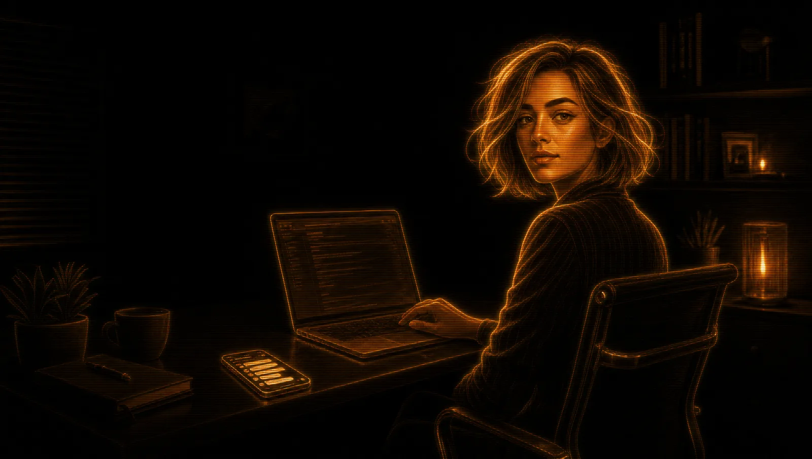 Lux at a desk at night, working on a laptop, glancing back