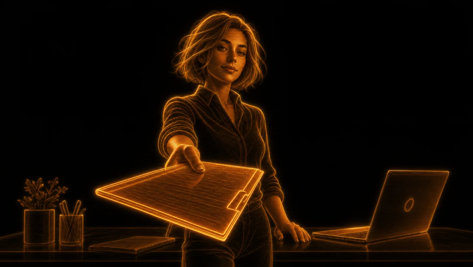 Lux handing over a glowing folder of files